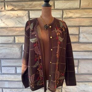 Brown Leaf Patterned Vintage Women's Cardigan